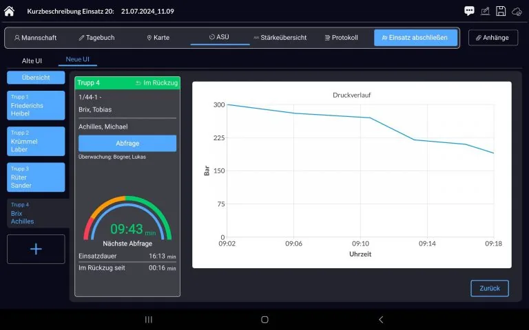 Atemschutz-Dashboard mit Truppstatus