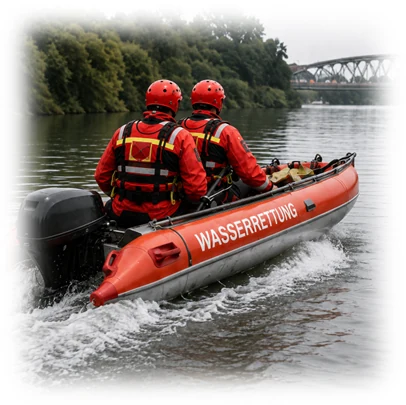 Zwei Einsatzkräfte im Schlauchboot der Wasserrettung auf einem Fluss