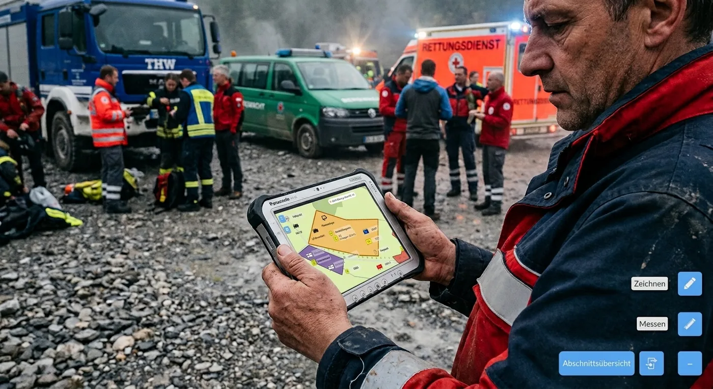 Einsatzkraft mit Einsatztablet vor Fahrzeugen von THW und Rettungsdienst