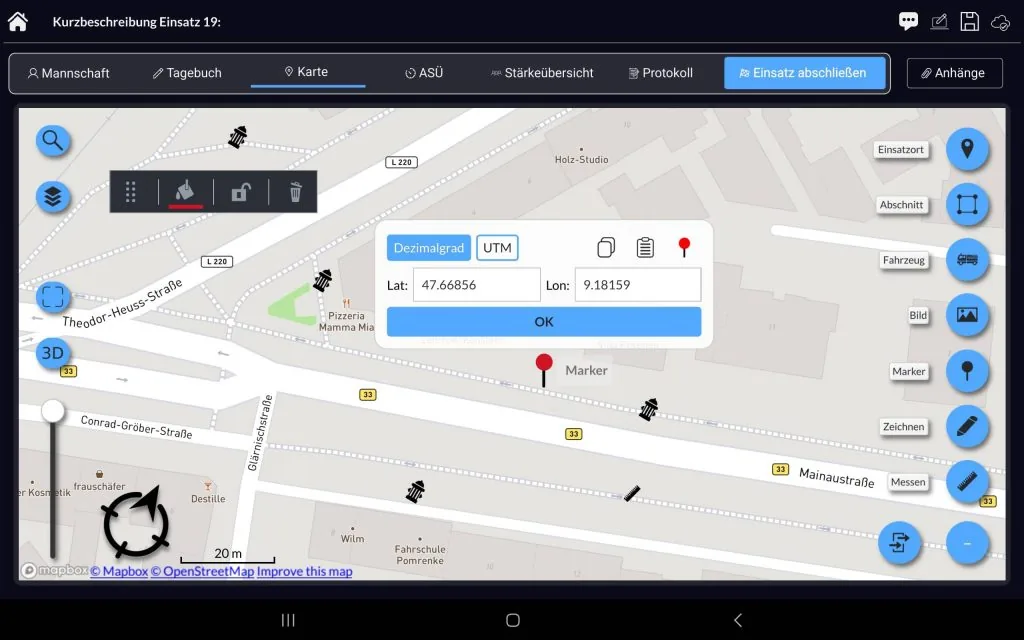 Lagekarte der Einsatz- und Führungs-App mit Hydranten, Markierung und Werkzeugleiste