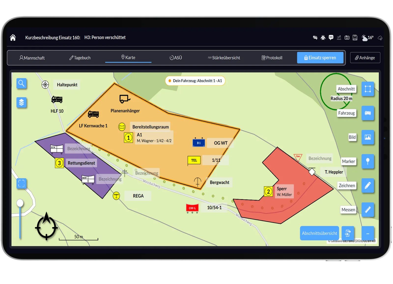 Lagekarte mit Einsatzabschnitten und taktischen Zeichen auf dem Einsatztablet