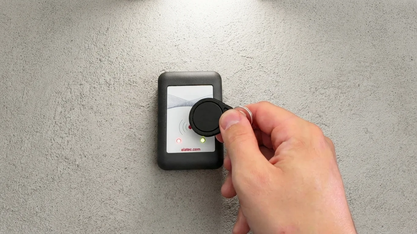 Hand hält einen RFID-Chip an das Lesegerät an der Wand des Gerätehauses